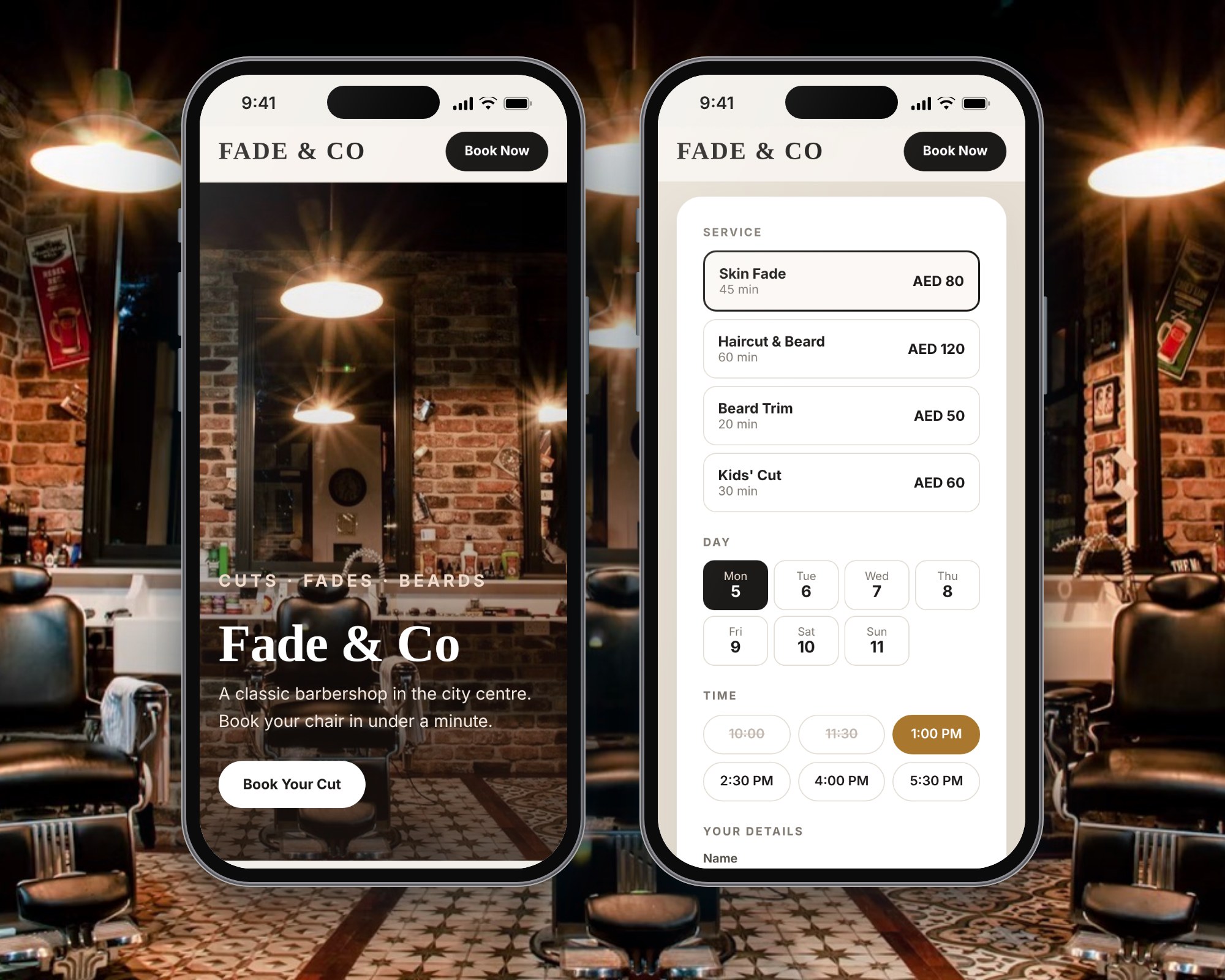 Barbershop website and booking page on two phones