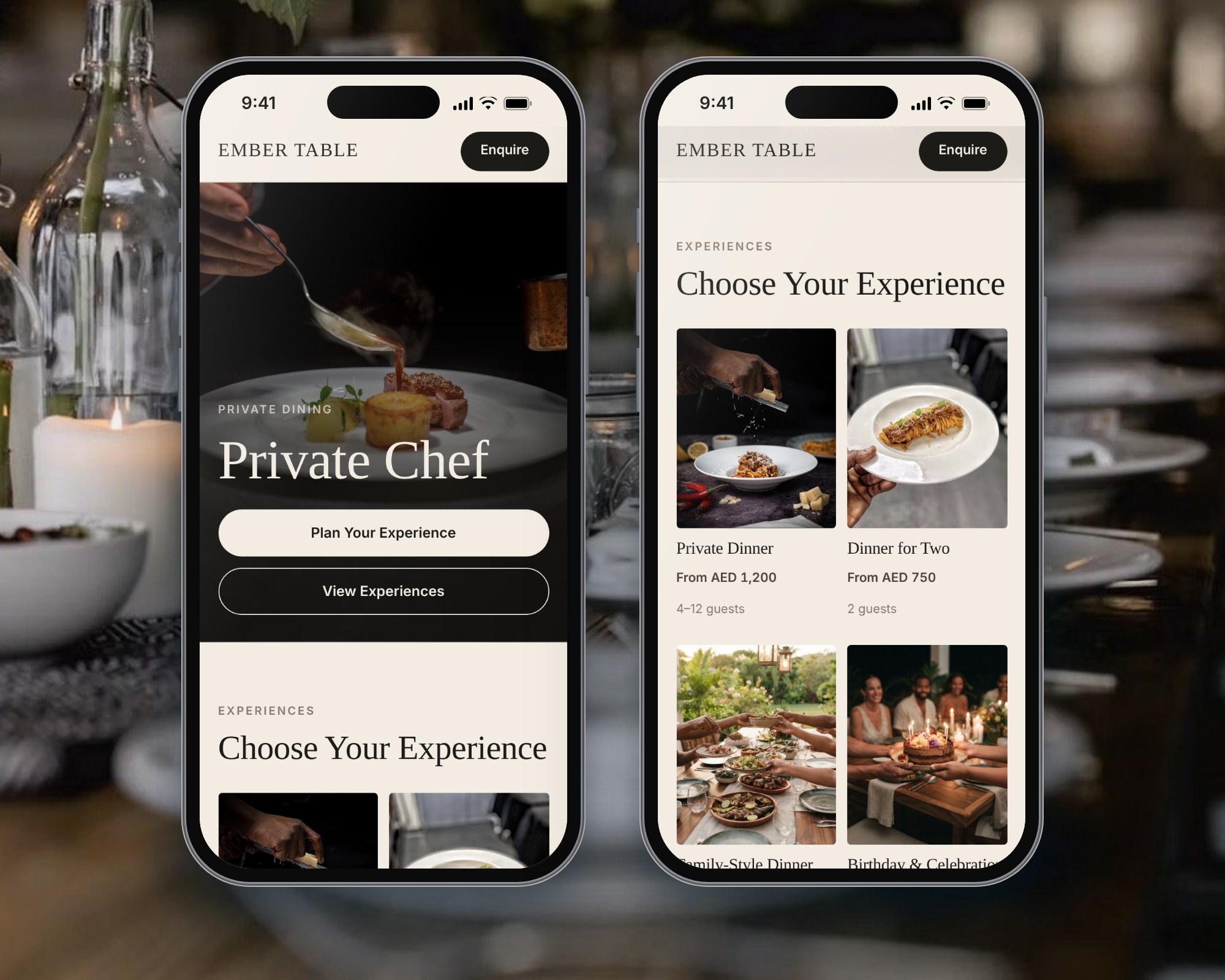 Private chef website and enquiry form on two phones